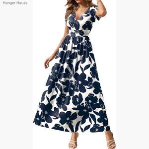 Summer Maxi Dress with Pockets V Neck Casual Flowy Sundress Short Sleeve